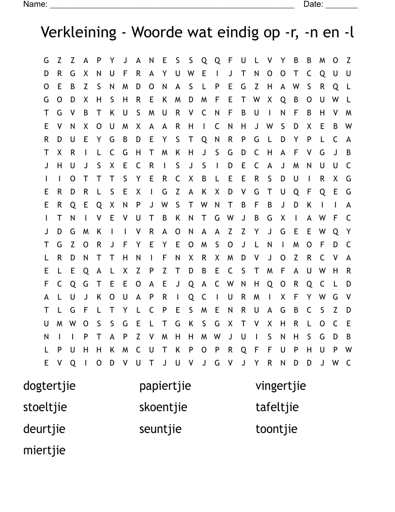 Verkleining - Woorde wat eindig op -r, -n en -l Word Search