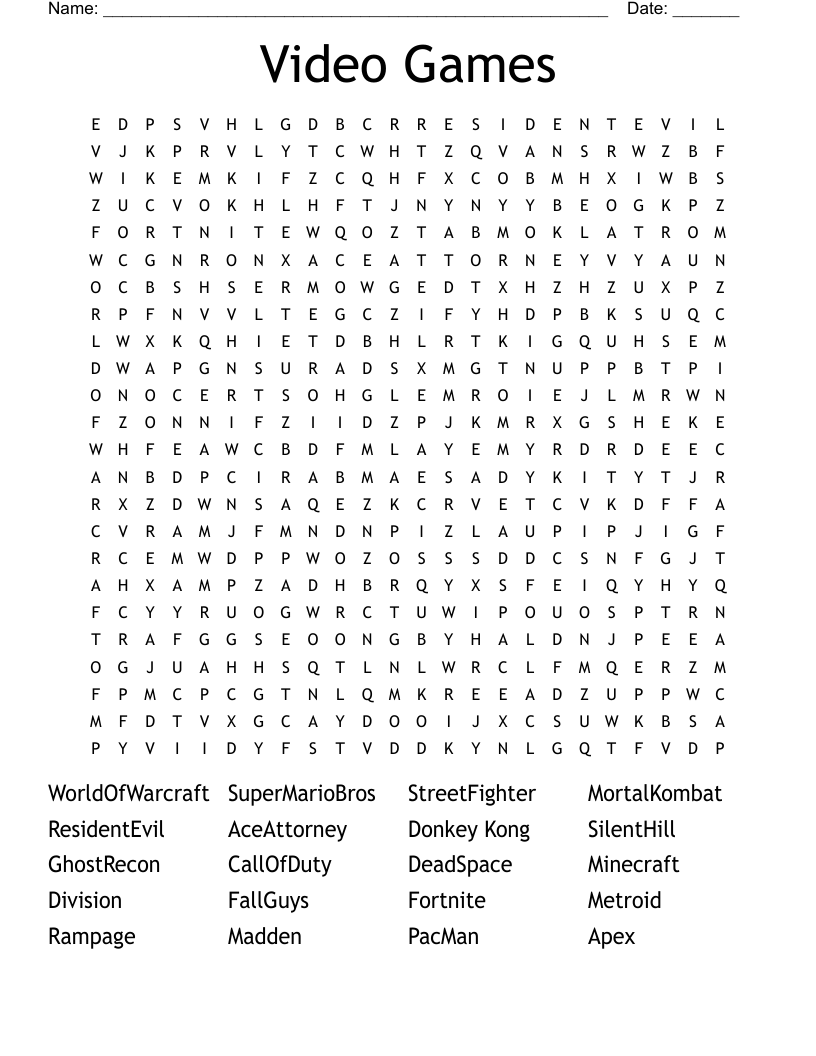 Video Games Word Search