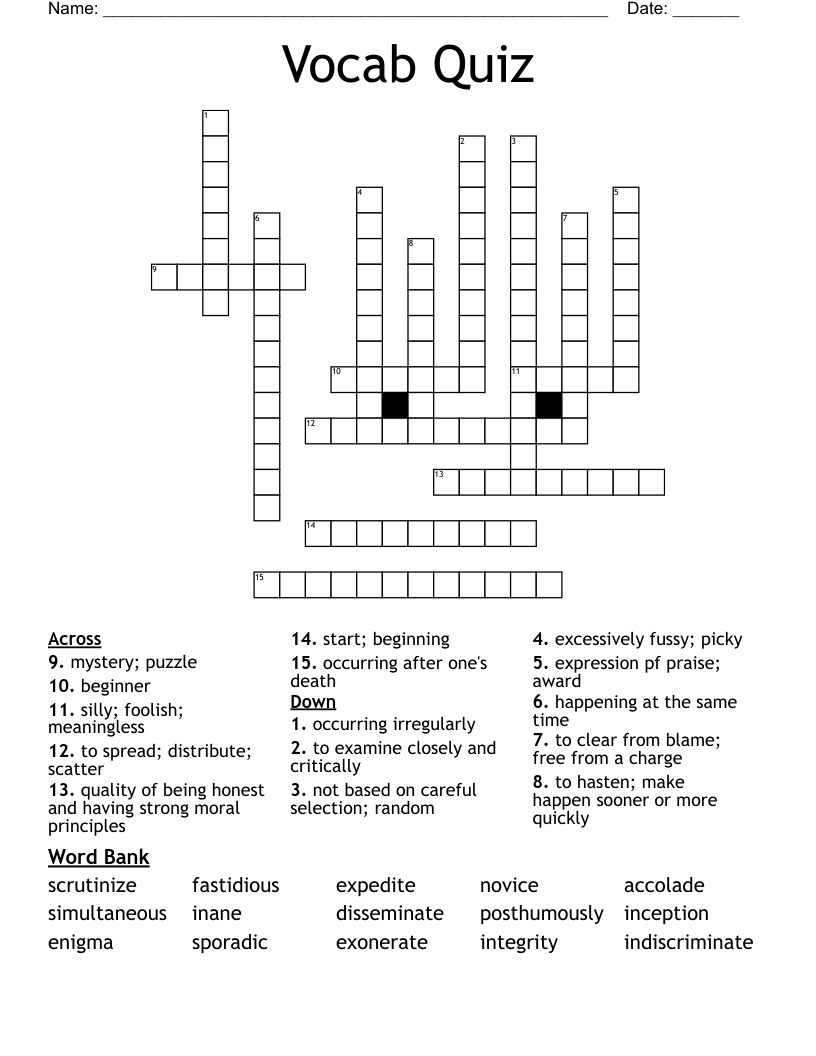 Vocab Quiz Crossword