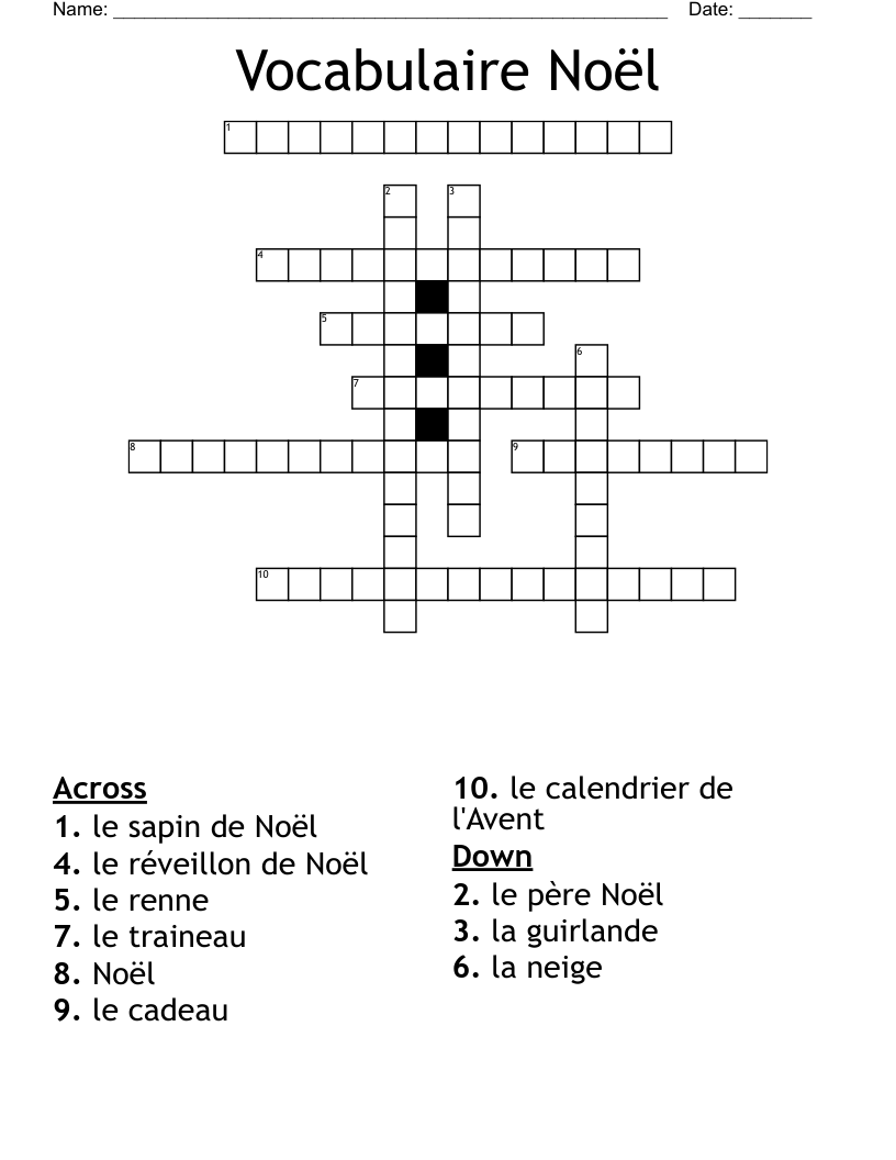 Vocabulaire Noël Crossword