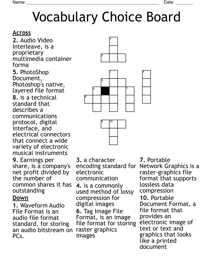 Vocabulary Choice Board Crossword