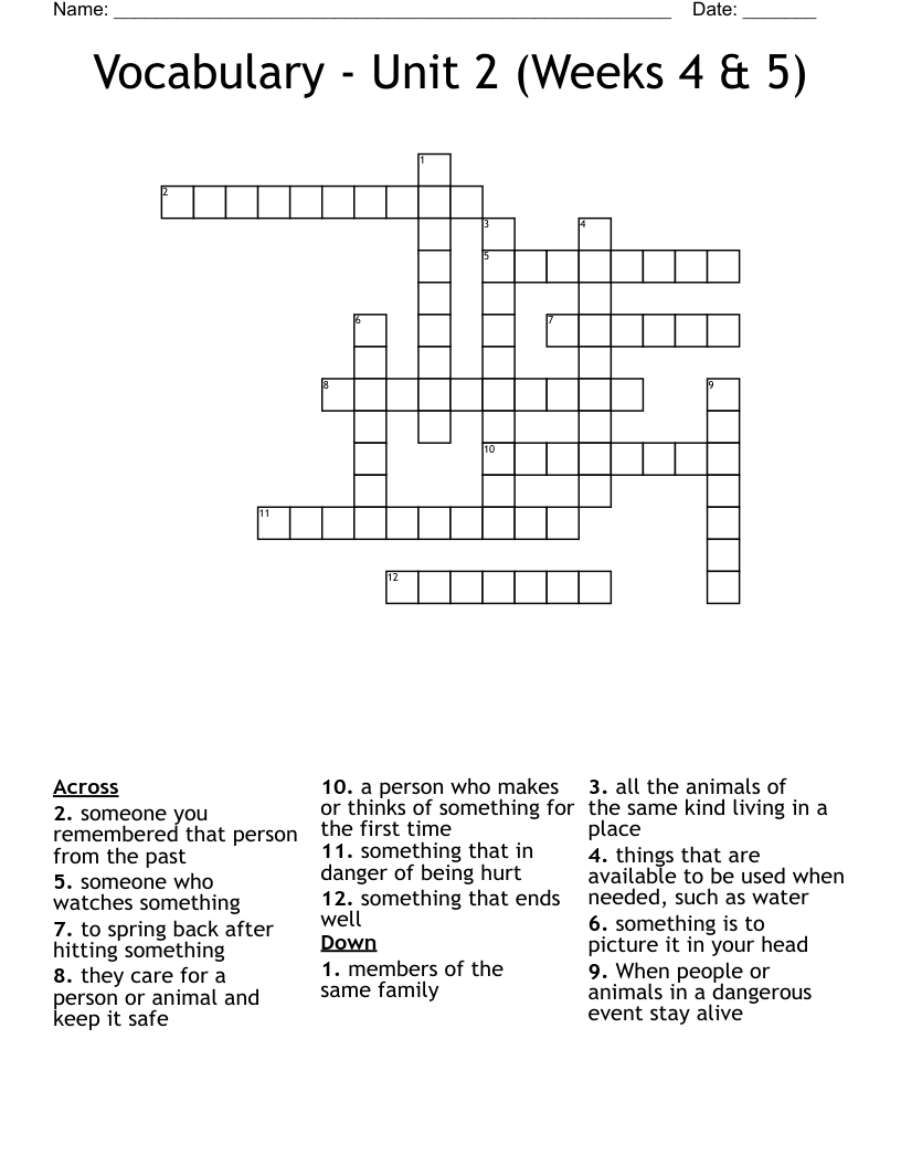 Vocabulary - Unit 2 (Weeks 4 & 5) Crossword