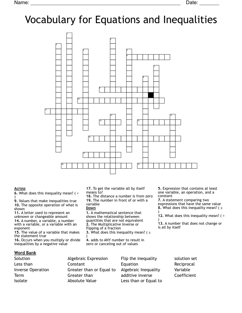 Vocabulary for Equations and Inequalities Crossword