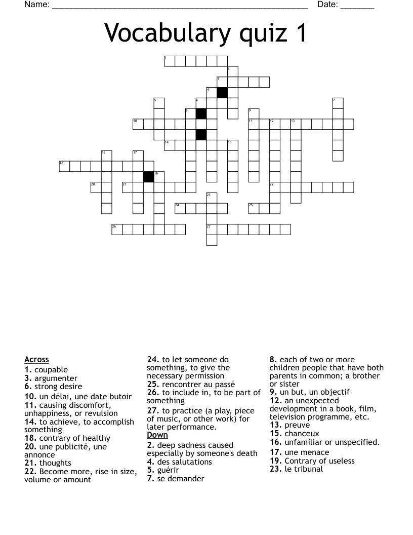 Vocabulary  quiz 1 Crossword