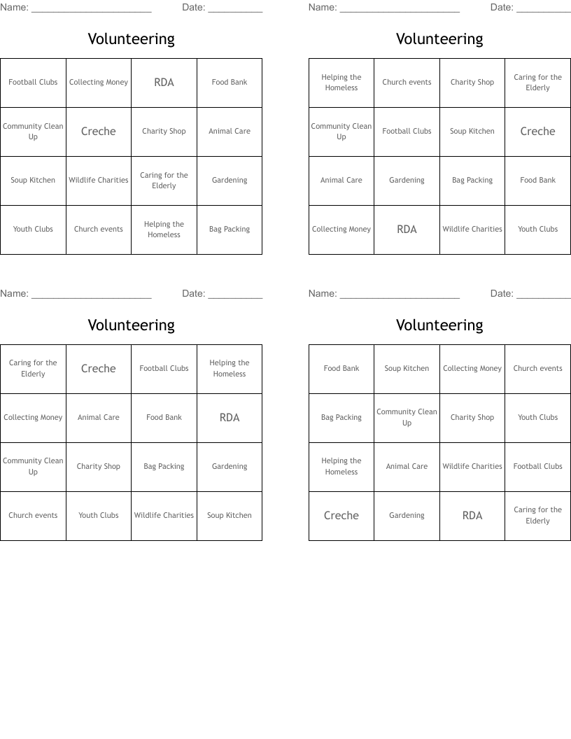 Volunteering Bingo Cards