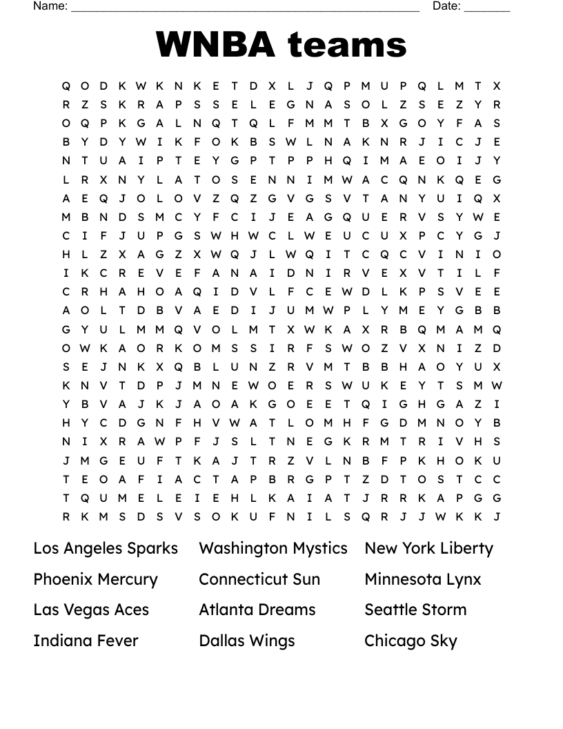 WNBA teams Word Search