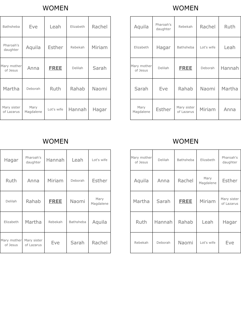 WOMEN Bingo Cards