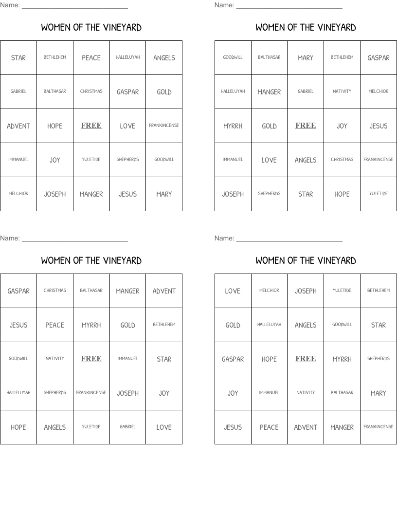 WOMEN OF THE VINEYARD Bingo Cards