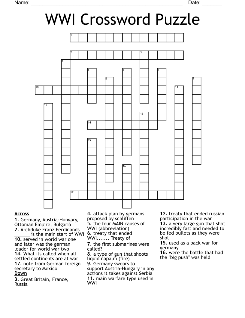 WWI Crossword Puzzle