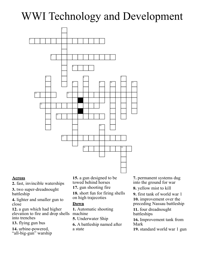 WWI Technology and Development Crossword