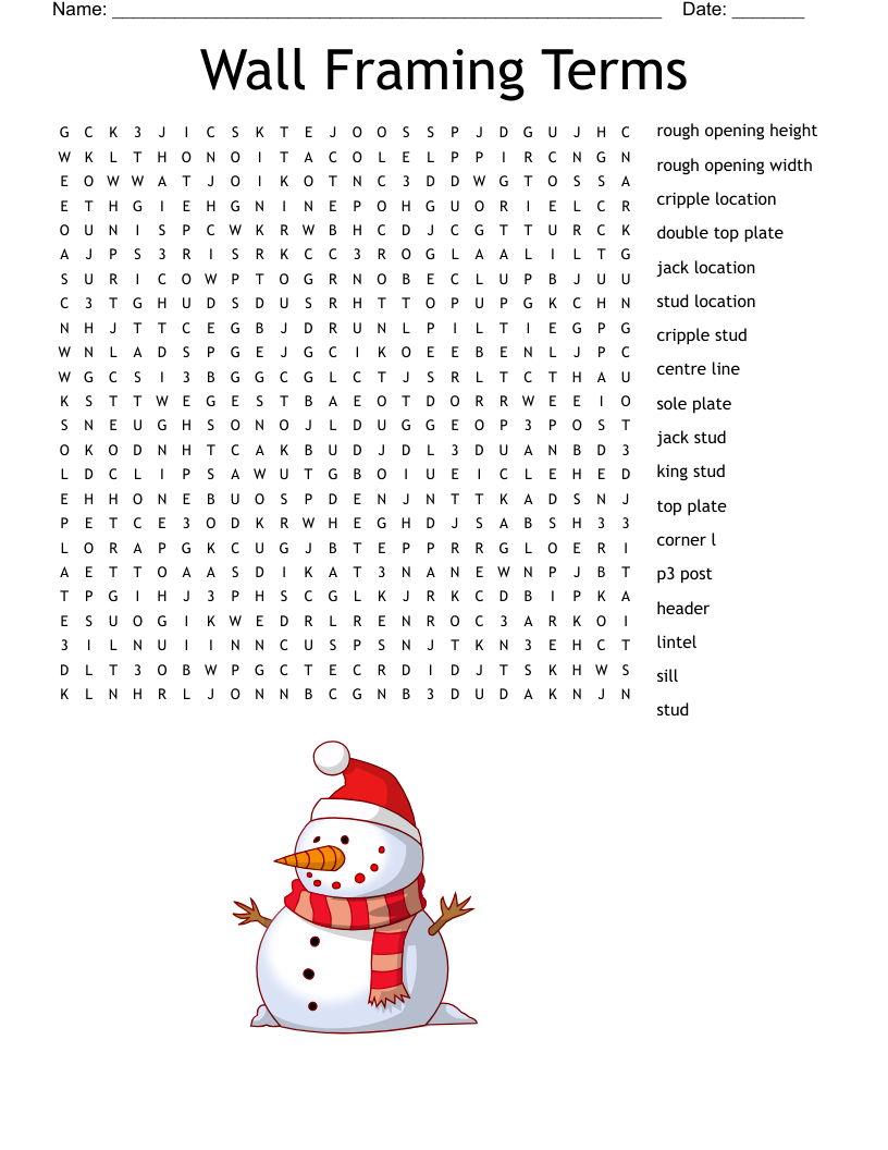 Wall Framing Terms Word Search