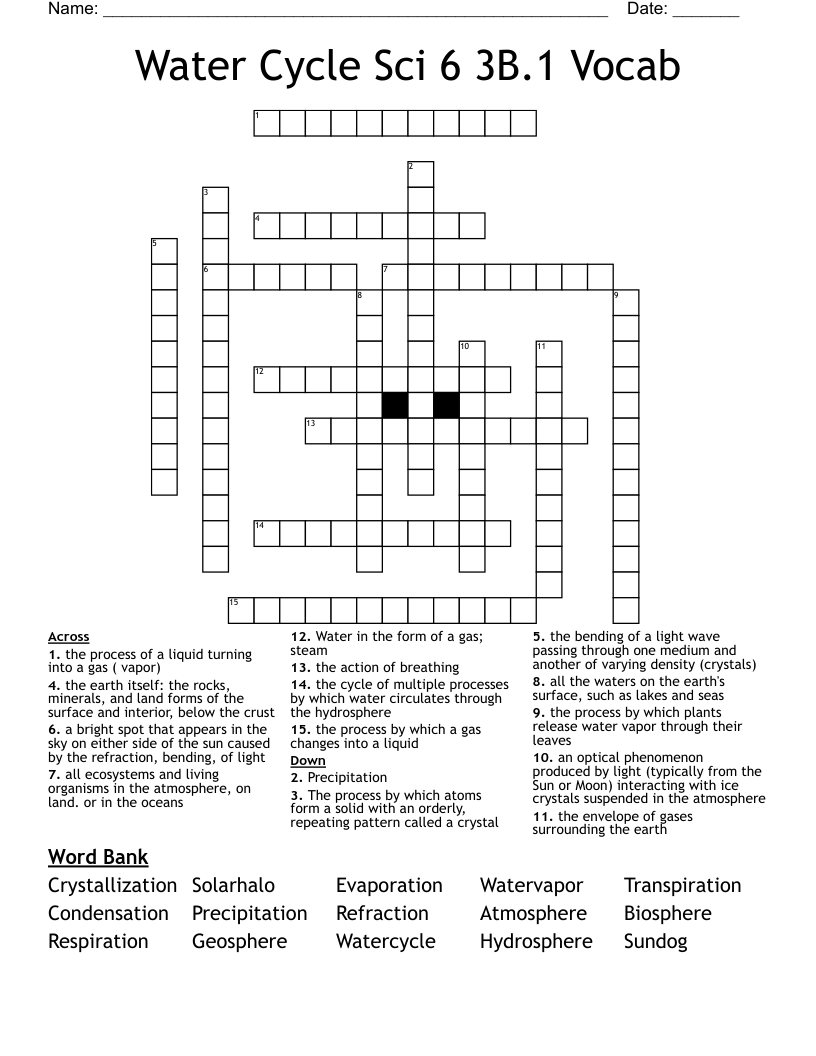 Water Cycle Sci 6   3B.1   Vocab     Crossword