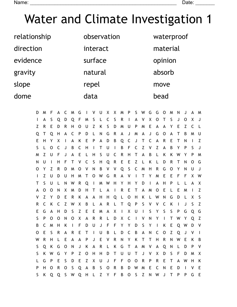 Water and Climate Investigation 1 Word Search