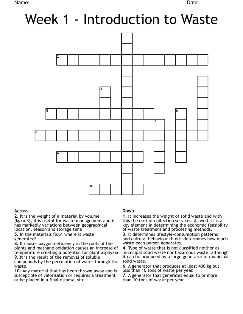Week 1 - Introduction to Waste Crossword