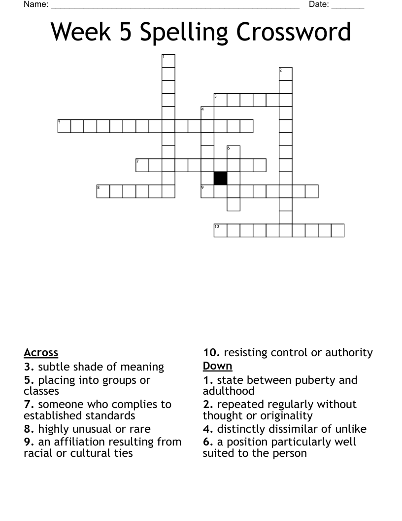 Week 5 Spelling Crossword