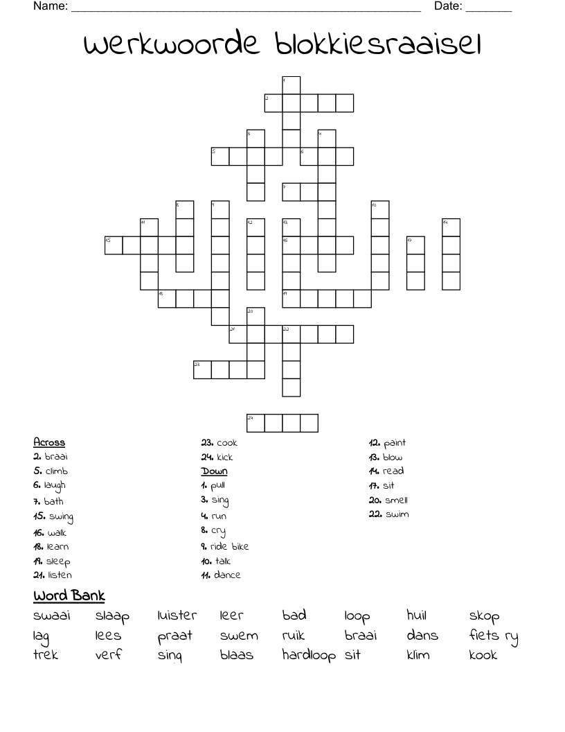 Werkwoorde blokkiesraaisel Crossword