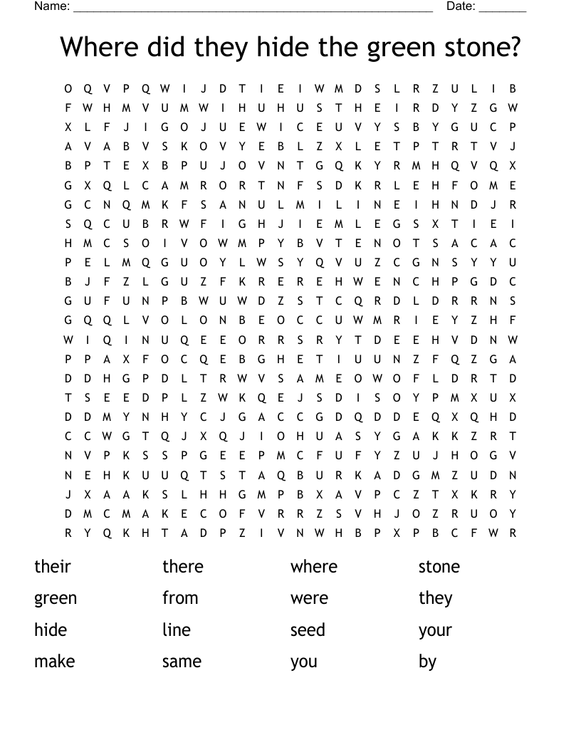 Where did they hide the green stone? Word Search
