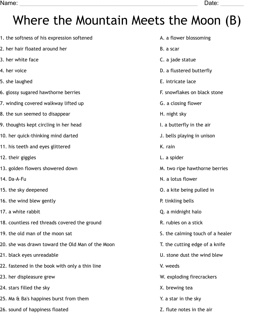 Where the Mountain Meets the Moon (B) Worksheet