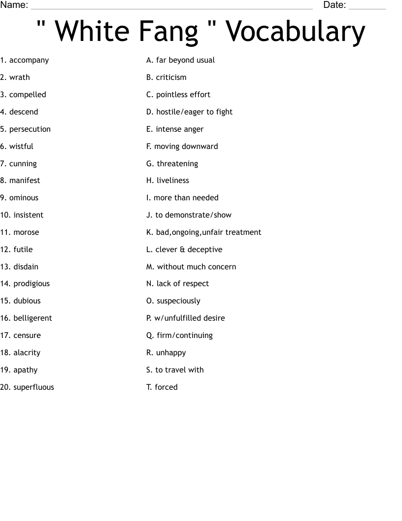 " White Fang "  Vocabulary Worksheet