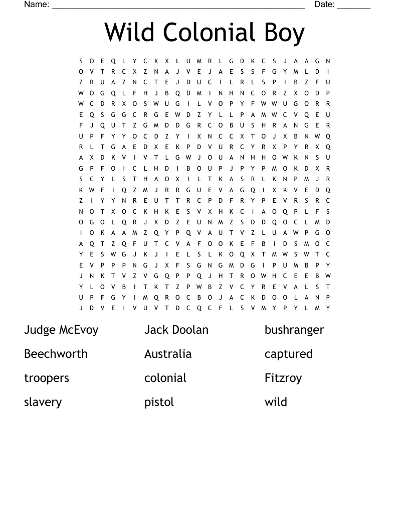 Wild Colonial Boy Word Search