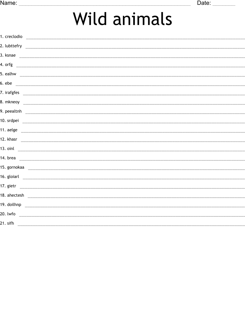 Wild animals Word Scramble