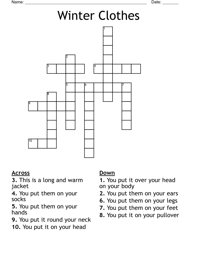 Winter Clothes Crossword - WordMint Winter Clothes Crossword - WordMint