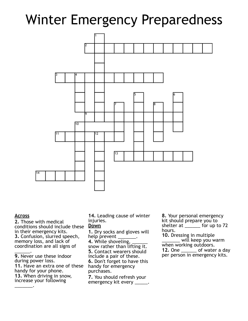 Winter Emergency Preparedness Crossword