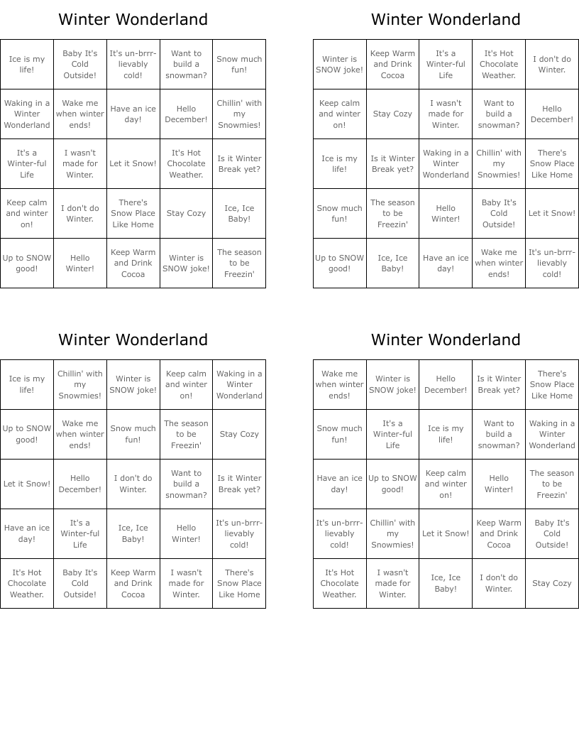 Winter Wonderland Bingo Cards
