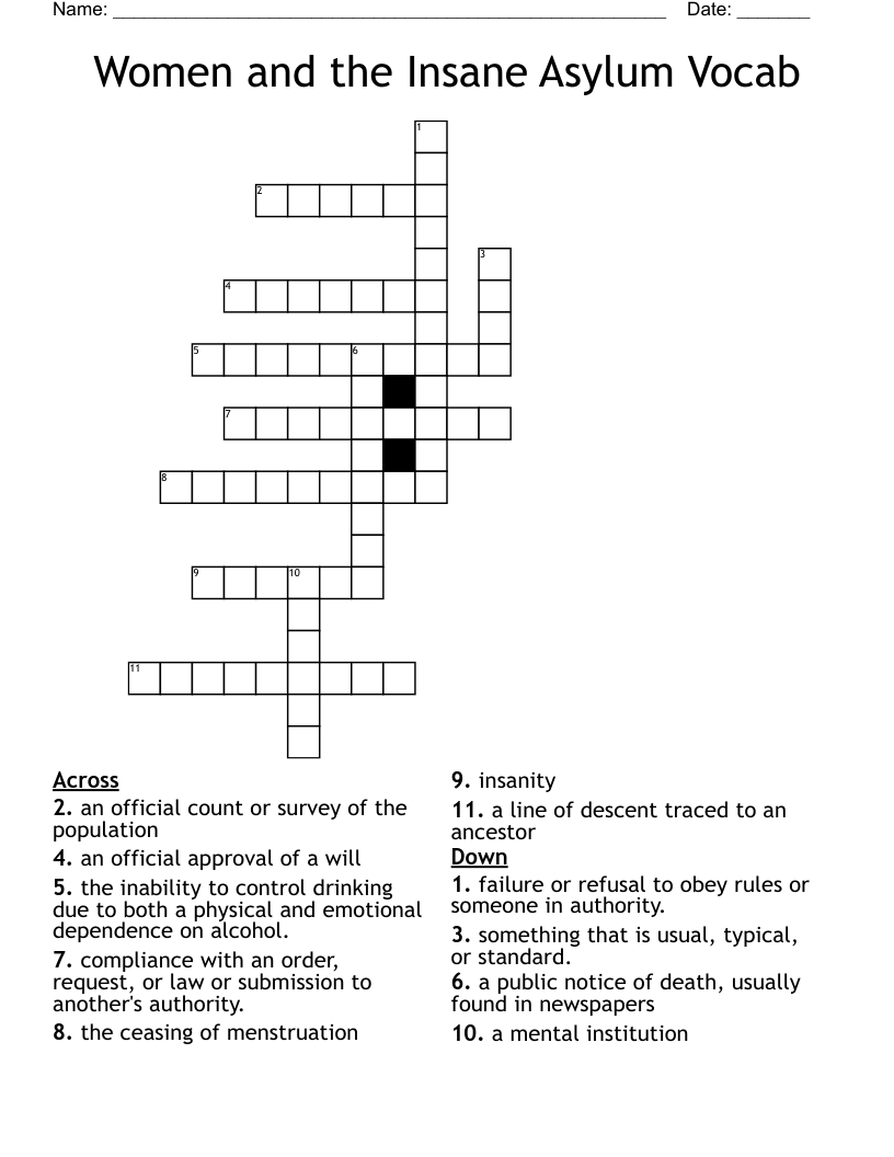 Women and the Insane Asylum Vocab Crossword