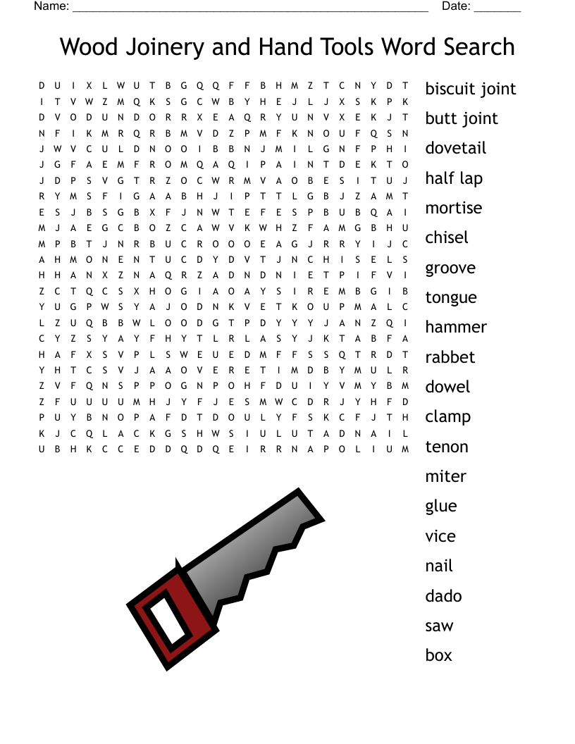 Wood Joinery and Hand Tools Word Search
