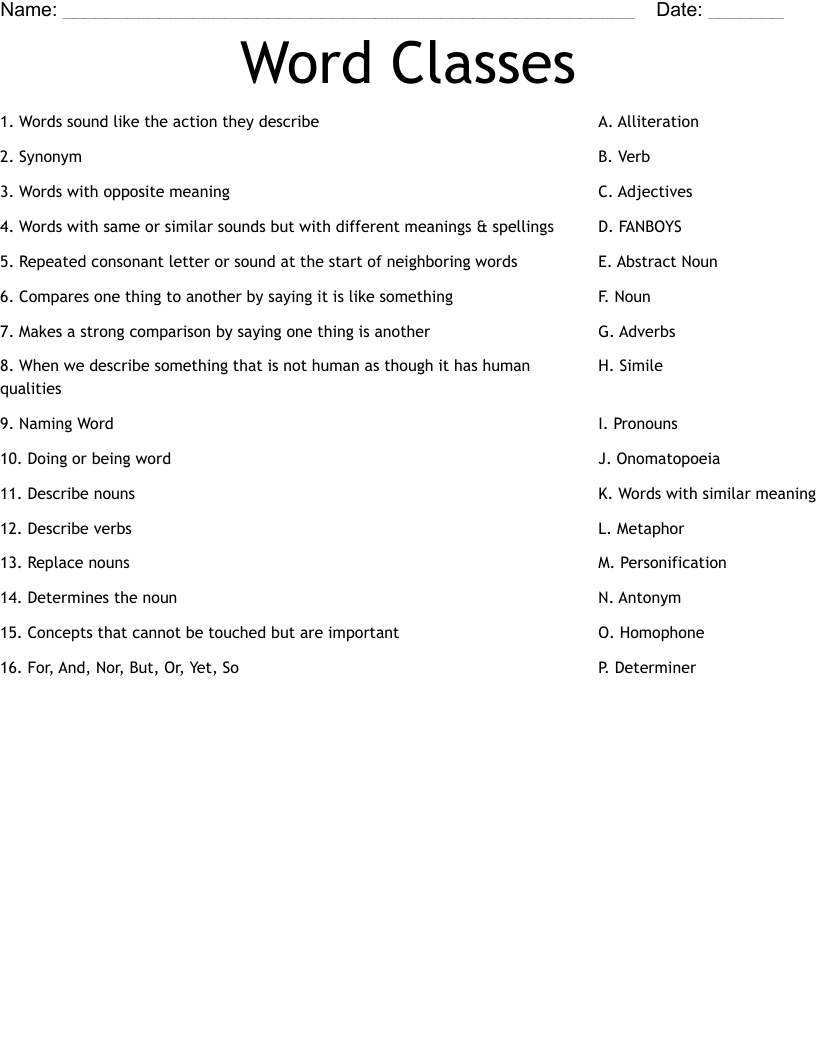 Word Classes Worksheet