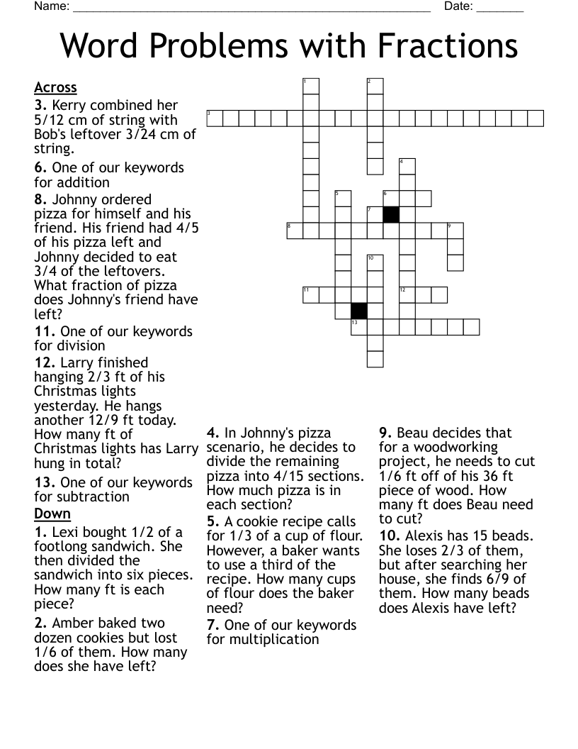 Word Problems with Fractions Crossword