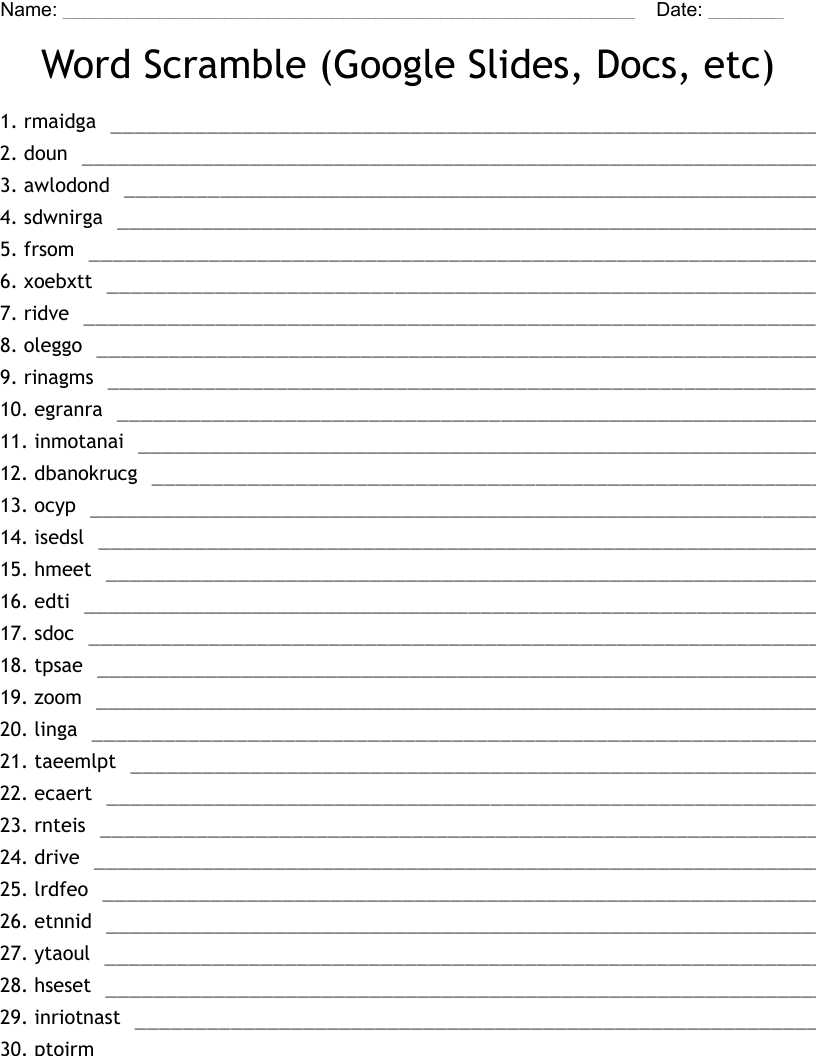 Word Scramble (Google Slides, Docs, etc)