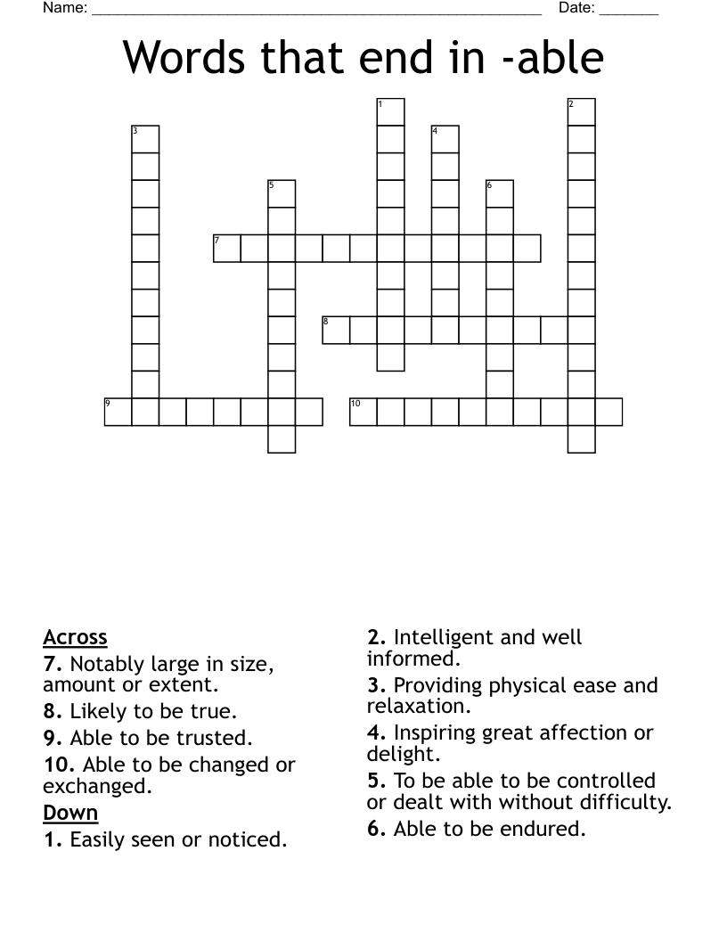 Words that end in -able Crossword