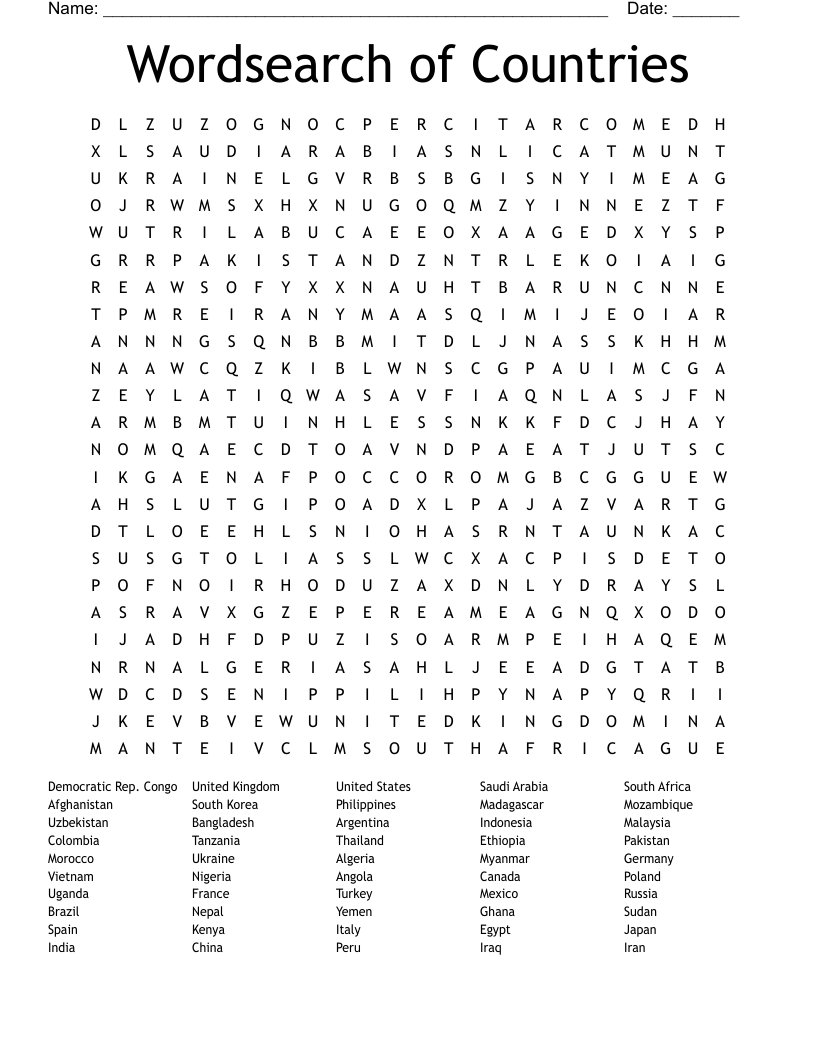 Wordsearch of Countries