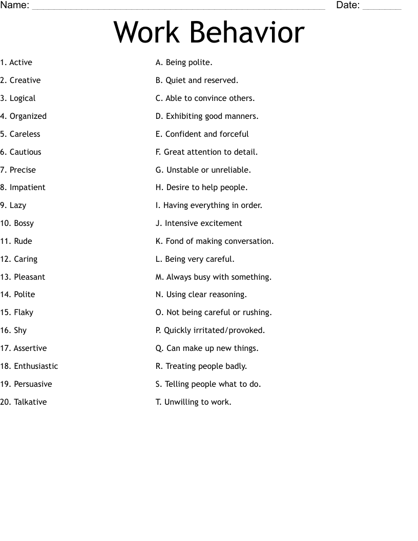 Work Behavior  Worksheet