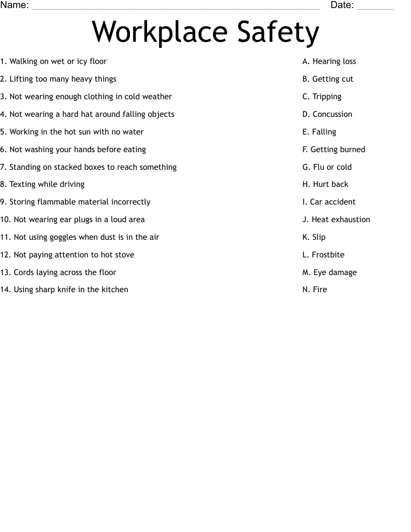 Workplace Safety  Worksheet