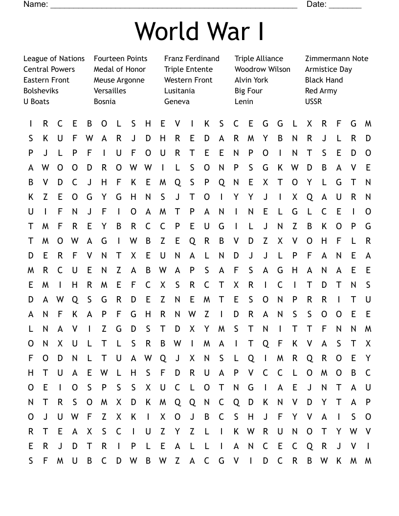 World War I Word Search