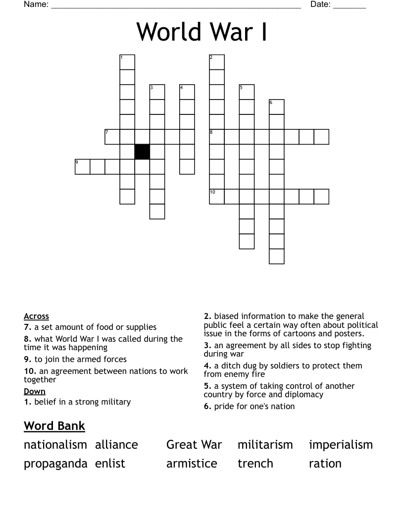 World War I Crossword
