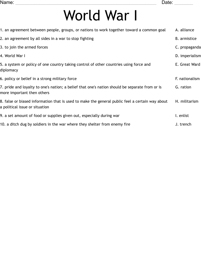 World War I Worksheet