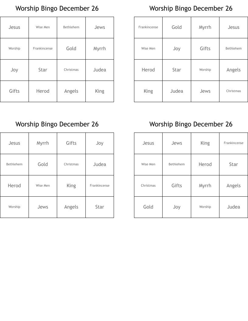 Worship Bingo  December 26