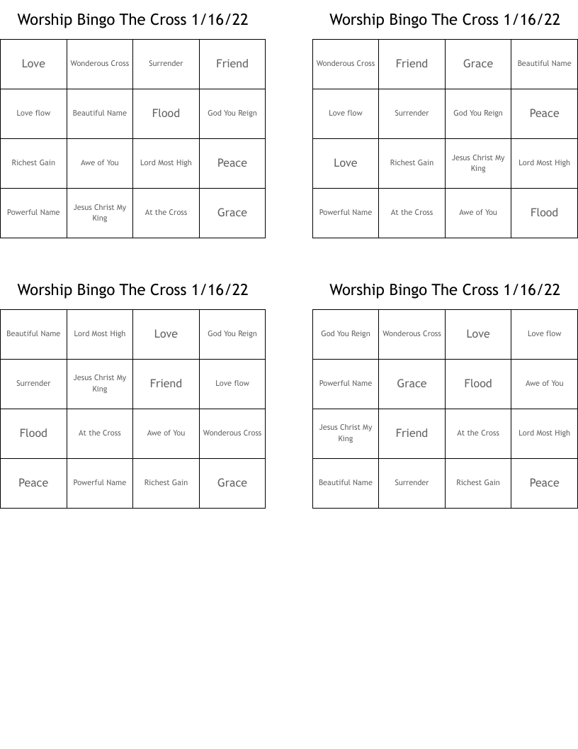 Worship Bingo  The Cross  1/16/22