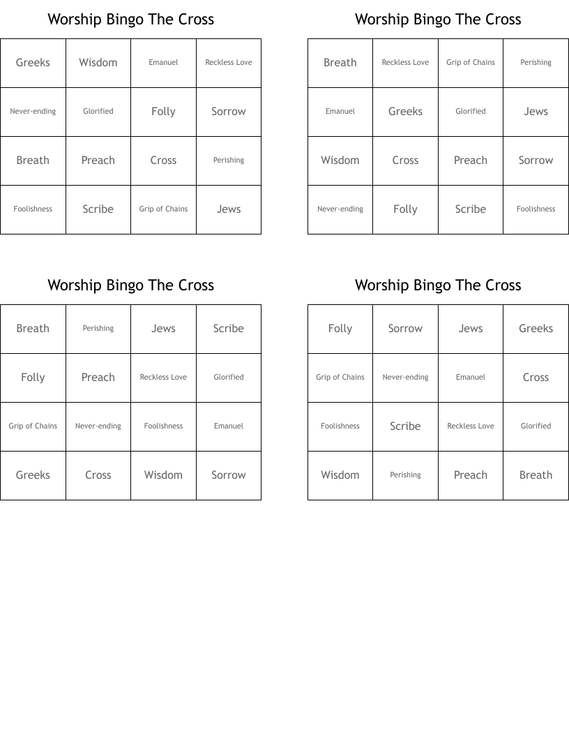 Worship Bingo  The Cross