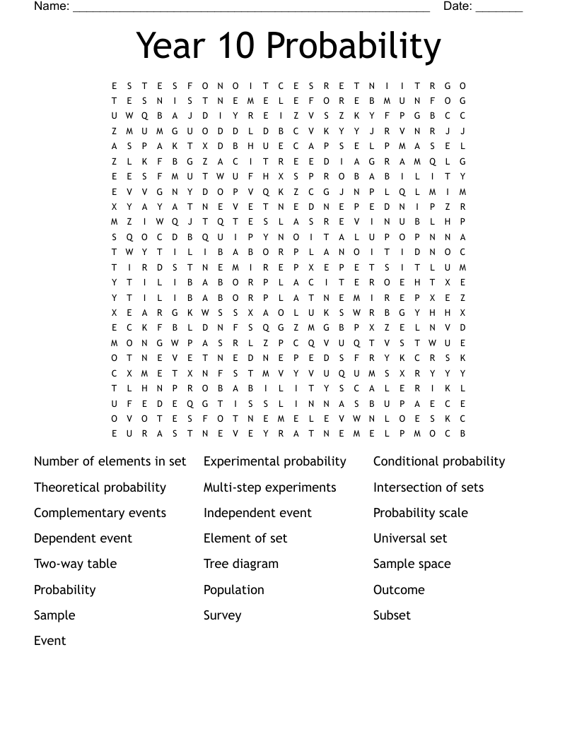 Year 10 Probability Word Search