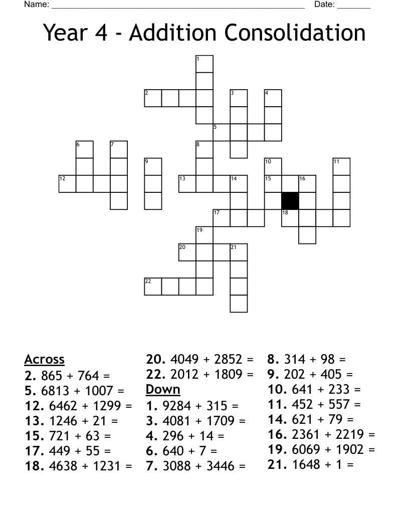 Year 4 - Addition Consolidation Crossword