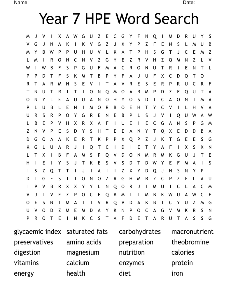 Year 7 HPE Word Search 