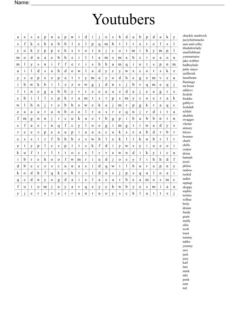 Youtubers Word Search