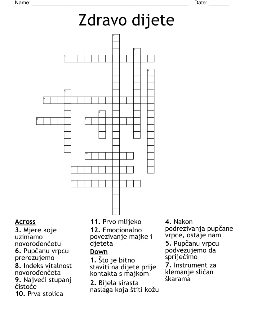 Zdravo dijete Crossword