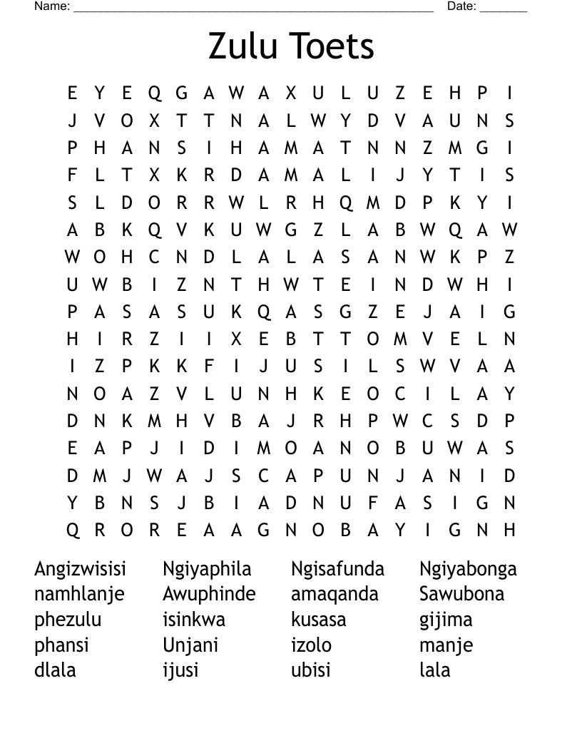 Zulu Toets Word Search