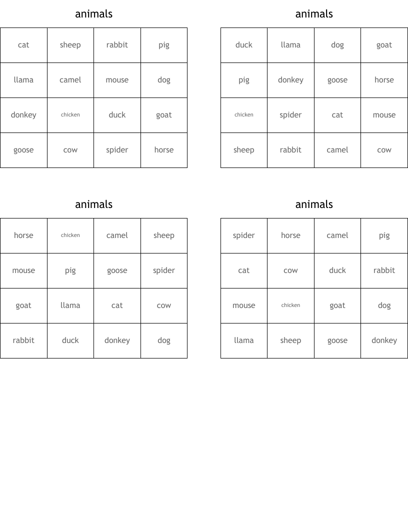 animals Bingo Cards